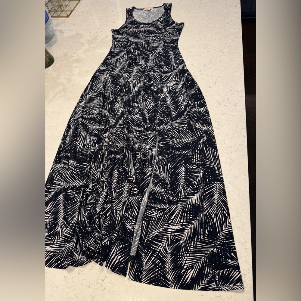 Michael Kors Navy and White Palm Leaf Maxi Dress
